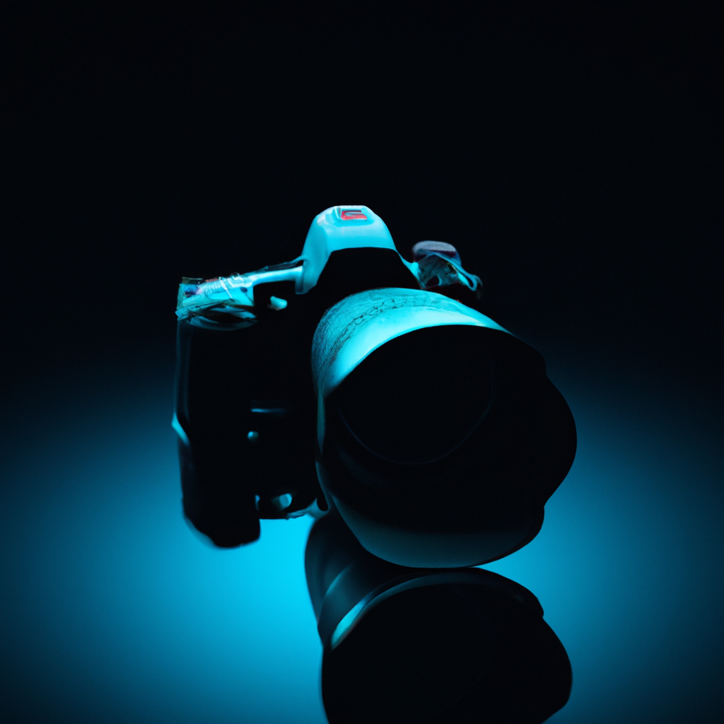 Fotografie uitrusting met zachte blauwe en cyaan verlichting op een glanzend oppervlak, hero banner